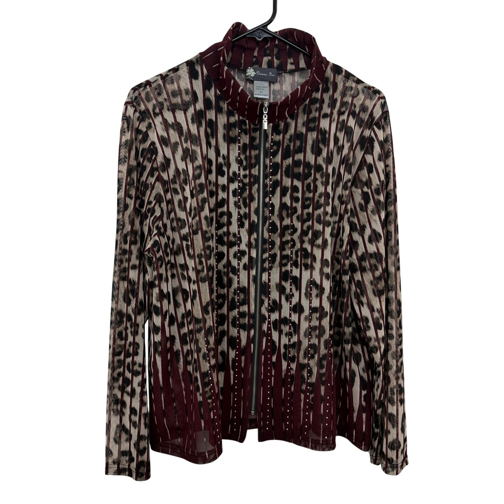 Damee Inc Jacket Womens XL Burgundy Leopard Stripe Print Rhinestone Full Zip